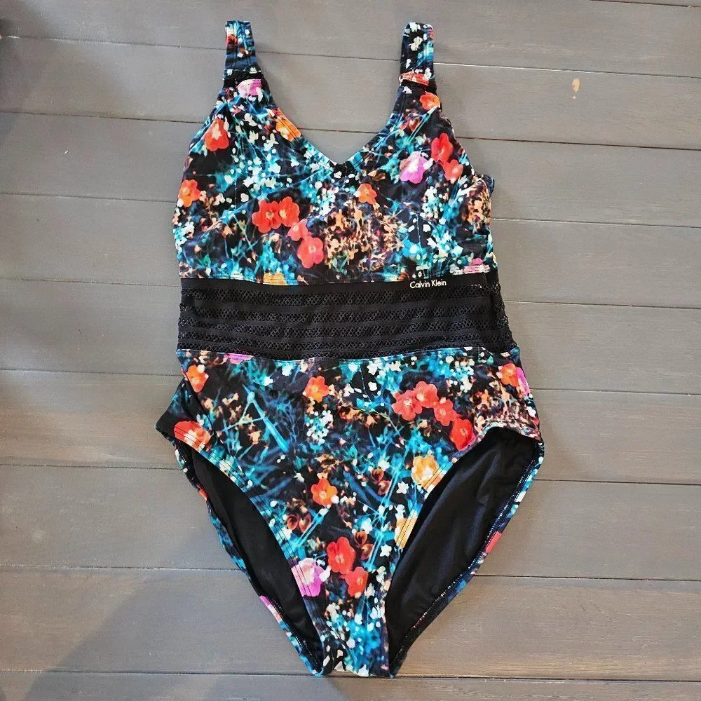 Calvin Klein Women's Floral Poppy Mesh Inset Panel One Piece Swimsuit Size 14